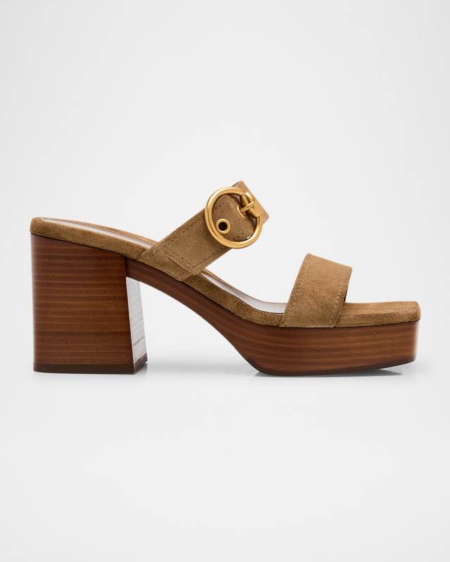 Suede Buckle Dual-Band Platform Slide Sandals